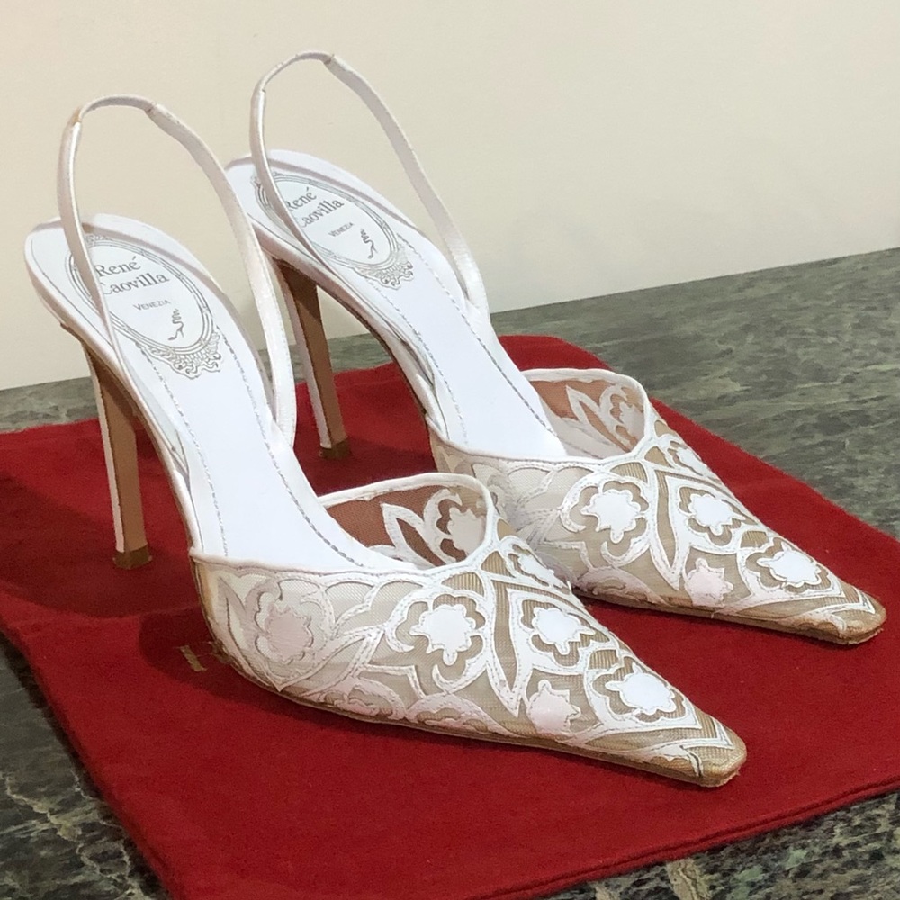 $1395 Rene Caovilla White Sheer Leather Lace Shoes Pumps Slingback Sandals 37.5